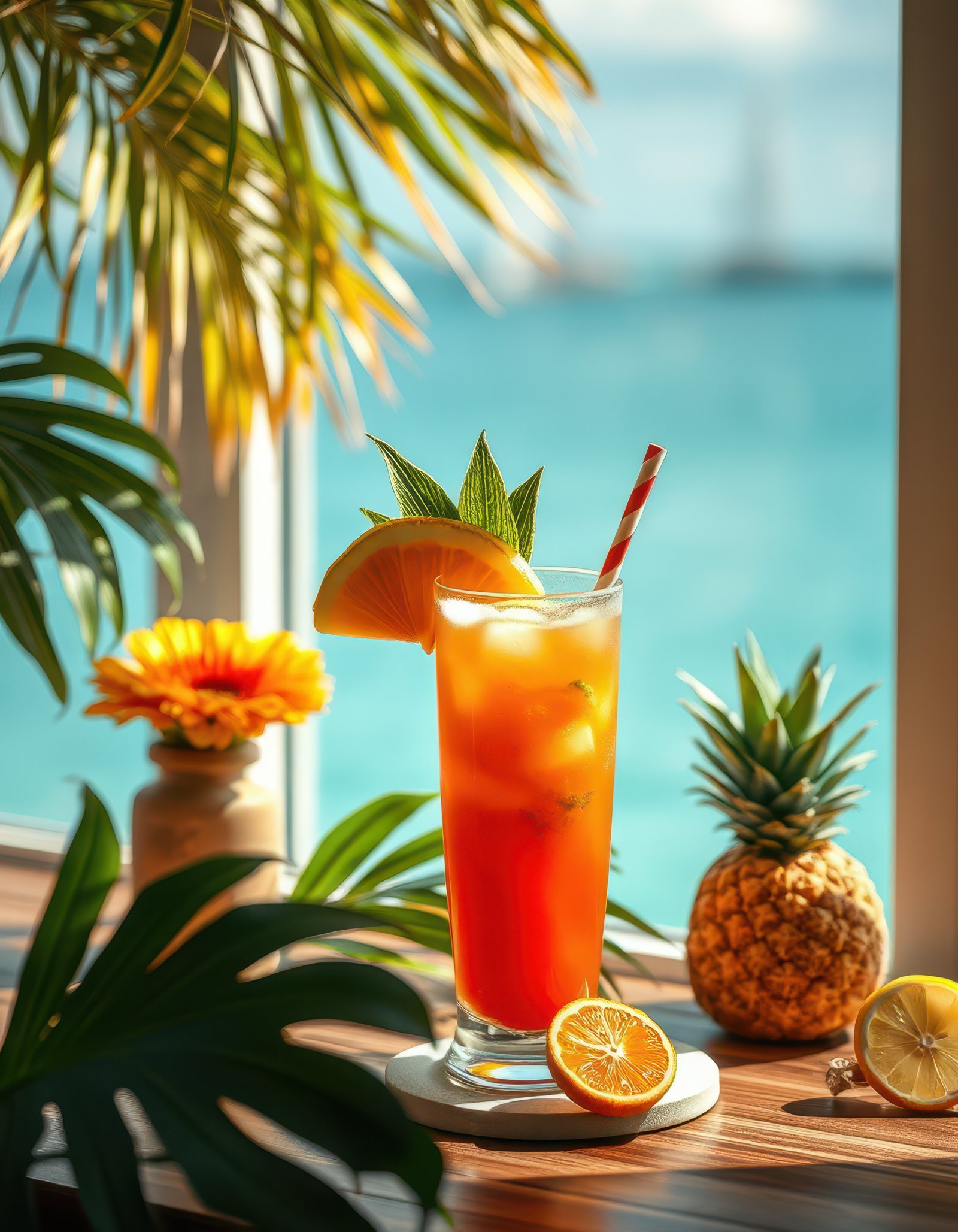 Refreshing tropical drink on a sunny day by the beach with palm leaves and fresh fruit decorations